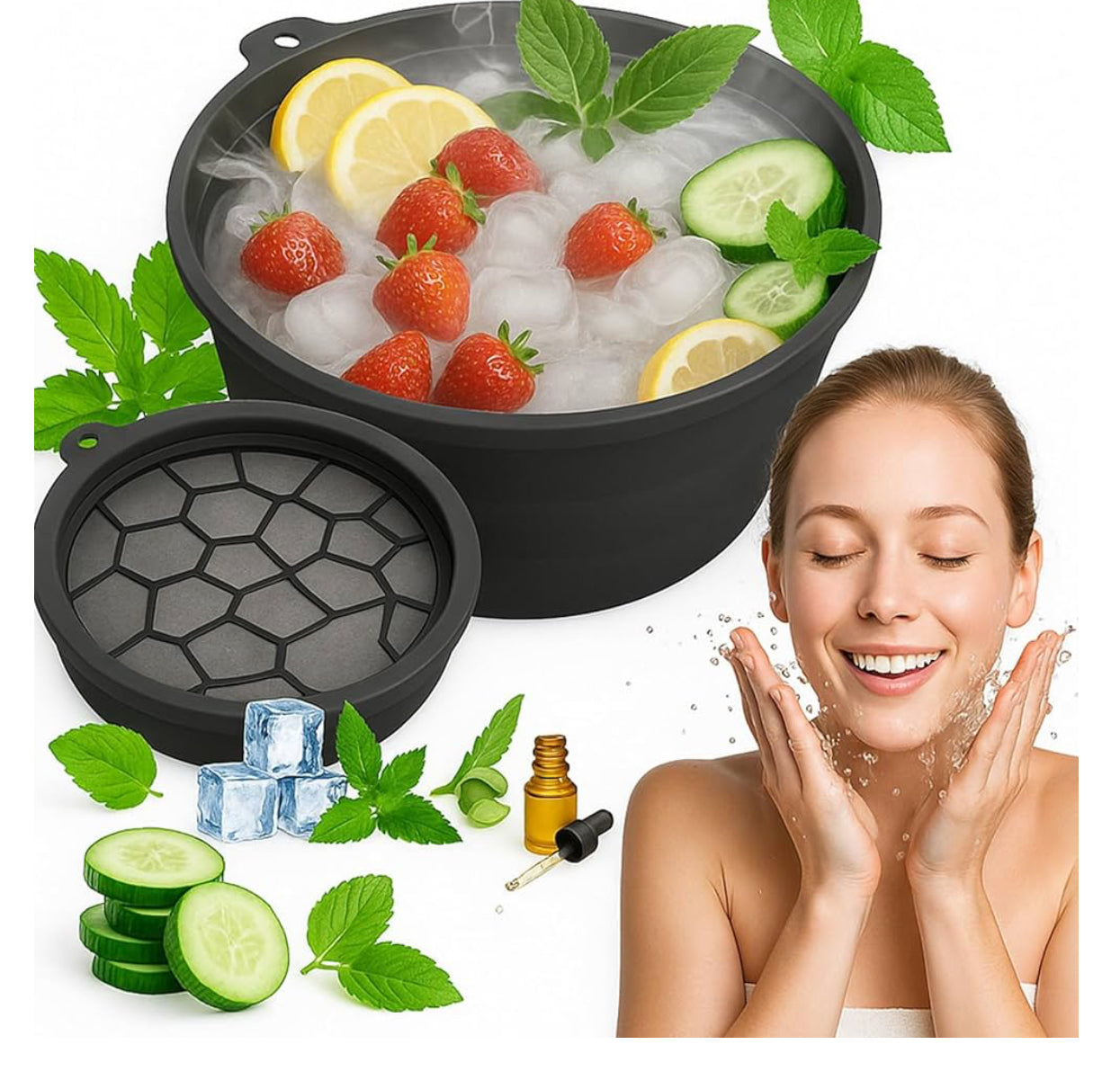 “Foldable Silicone Ice Facial Bowl with Tray – Cold Plunge Spa Tool for Face & Travel”