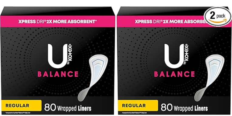 U by Kotex Balance Wrapped Panty Liners, Regular Length, 80 Count (Packaging May Vary) (Pack of 2)